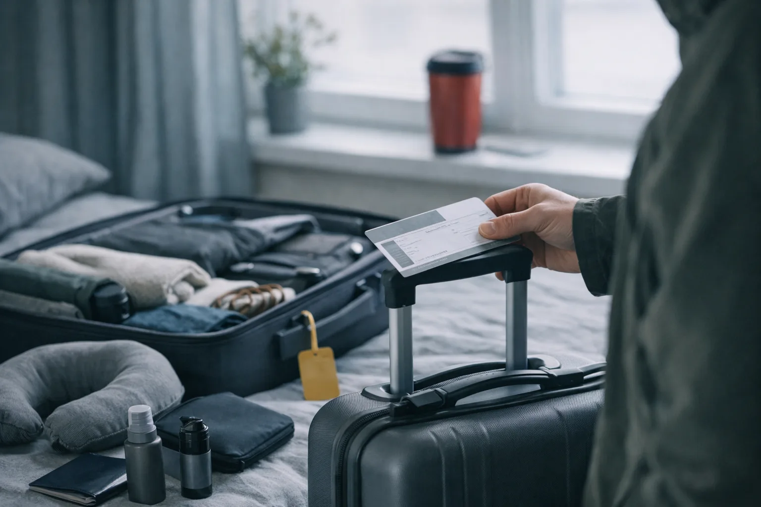 Packad resväska och handbagage på en sängkant.