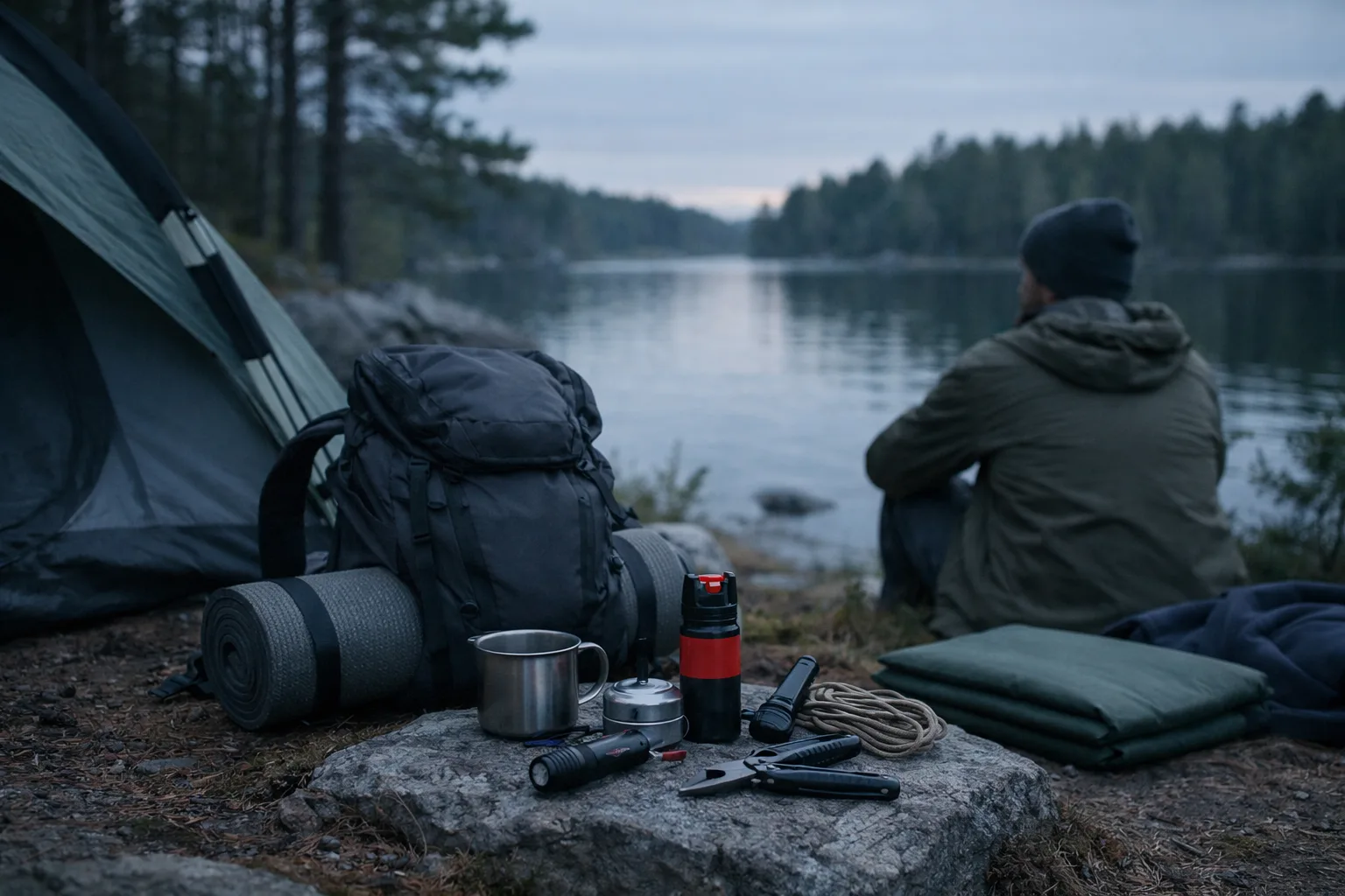 Ryggsäck, tält och en liten spray på en sten vid en sjö i skymning.