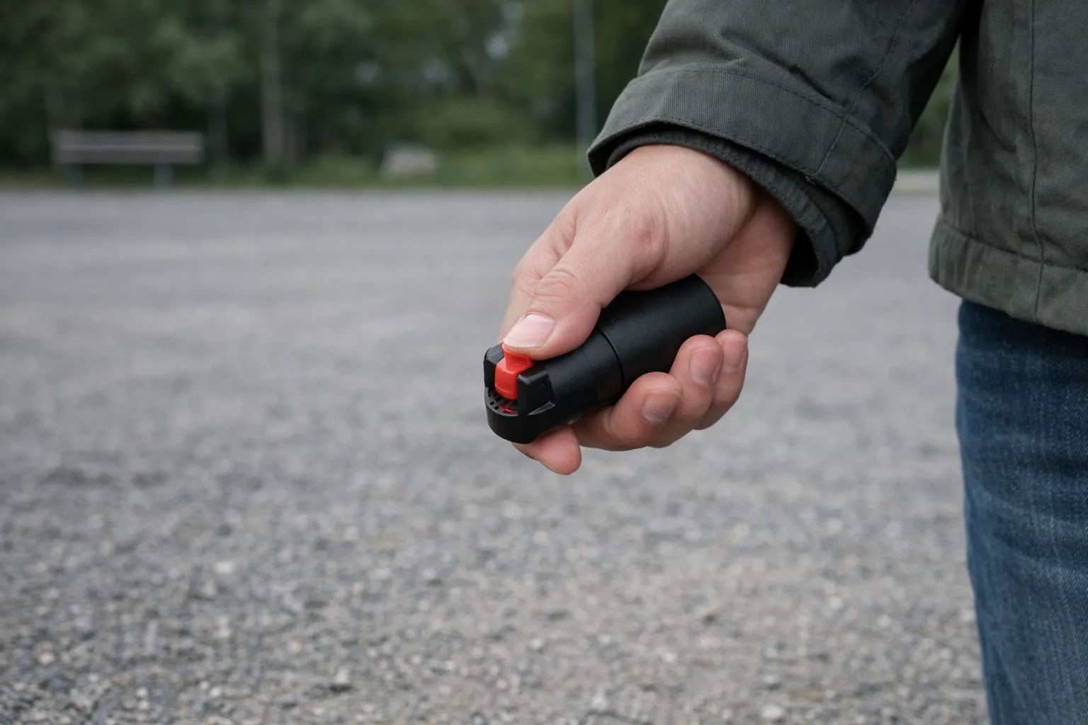 Hand som håller en försvarsspray med uppfällt lock.