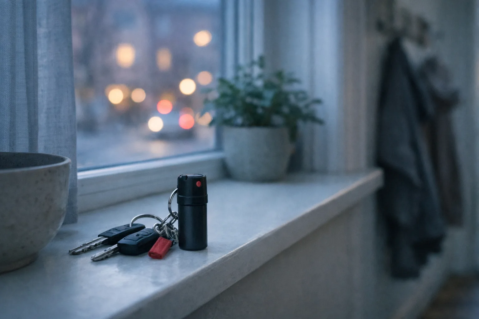 En liten spray på en nyckelring ligger bredvid nycklar i en fönsterkarm.