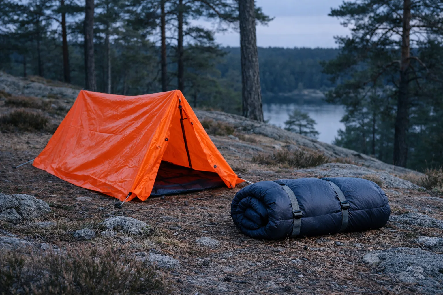 Nödsovsäck och nödtält i orange vid ett rastställe.