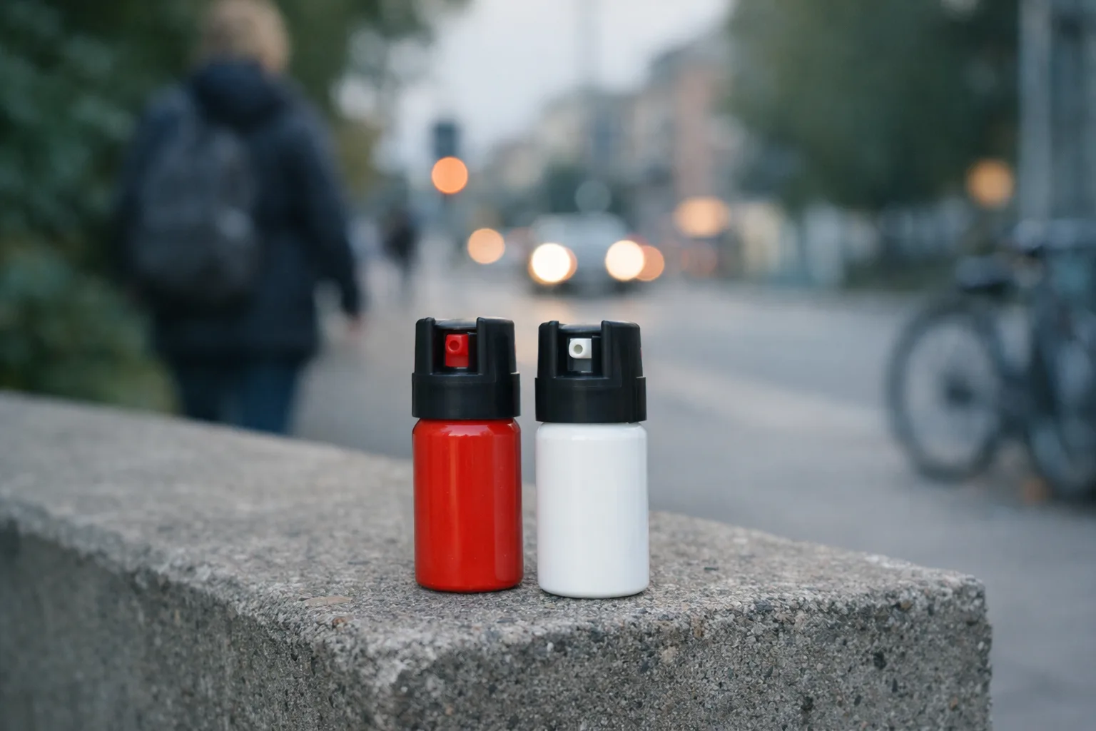 En röd och en vit försvarsspray står bredvid varandra på en stenkant vid en gata.