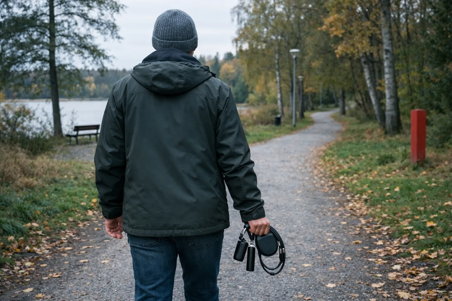 Person bakifrån på en grusväg vid en sjö, med en hundkoppel och en liten spray i handen.