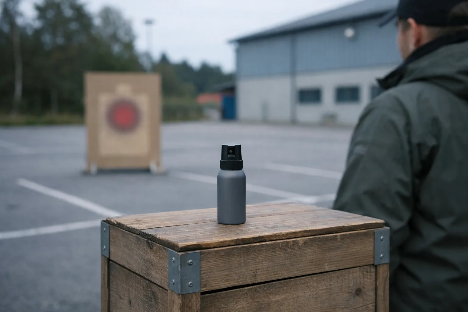 En grå spraybehållare på en träback på en parkering, med en måltavla i bakgrunden.