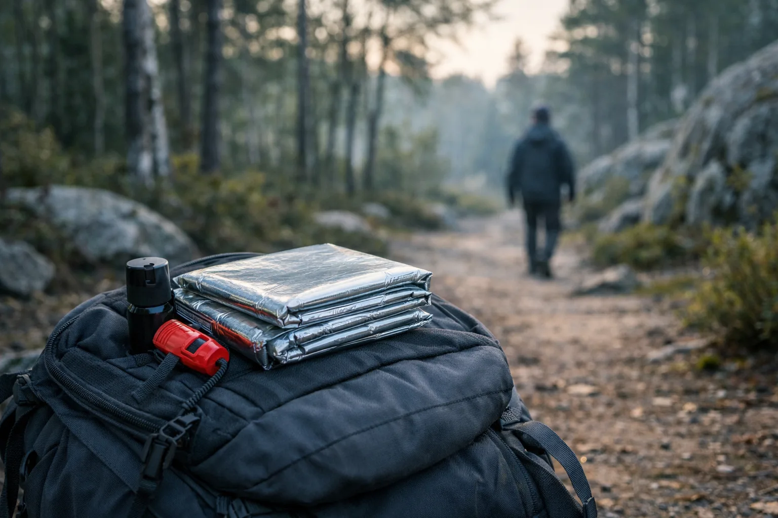 En person insvept i en silverfärgad nödfilt utomhus.