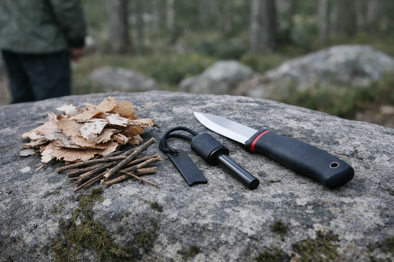 Tändstål och torrt tändmaterial på ett träunderlag.